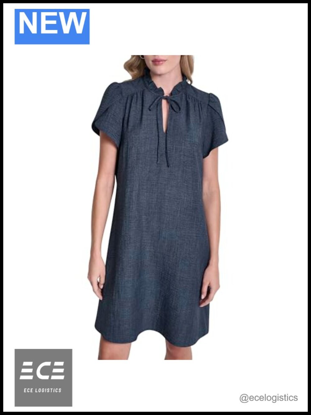 DKNY Women's Front Tie Ruffle Neckline Trapeze Dress
